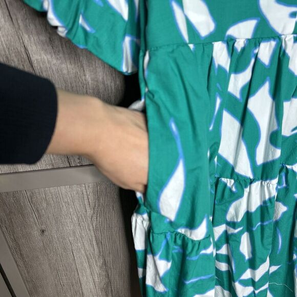 Chico’s Dress Short Layered Puff Sleeves Pockets Green Leaves Poplin Size 4 - Picture 3 of 8
